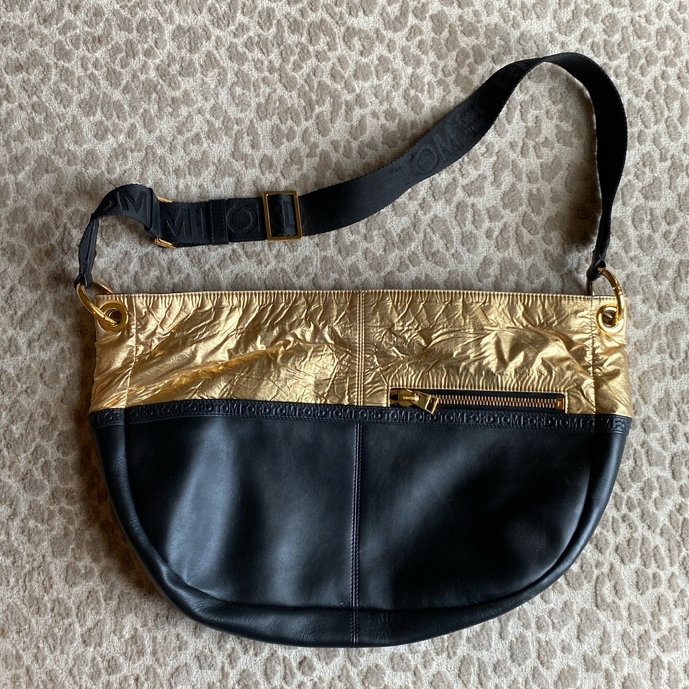 Tom Ford Avery Large Metallic Gold & Black Leather Hobo Luxury Designer Purse